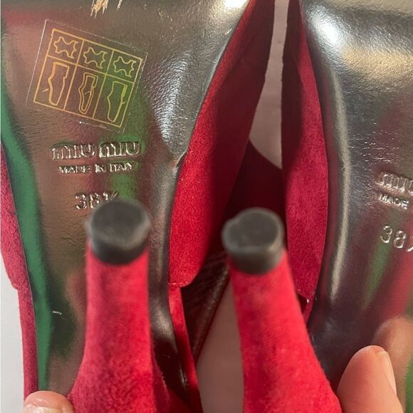 Miu Miu Red Suede Peep Toe Slingback Platform Sandals Size 38.5 Cone Heels - Picture 7 of 12